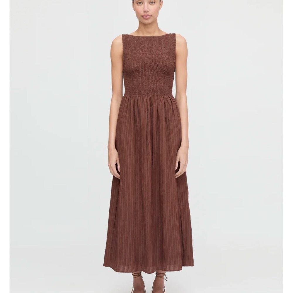 Hill House Cosima Nap Dress in chocolate tonal seersucker